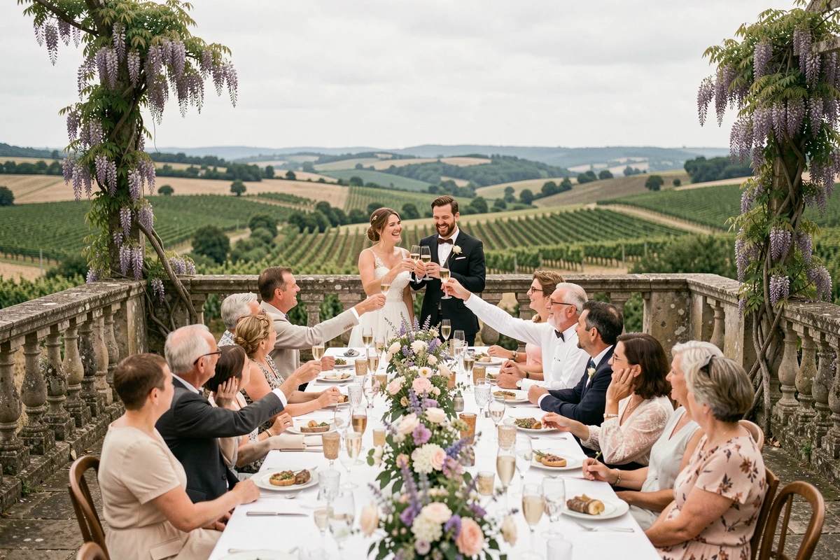 Réception de renouvellement de vœux pour 35 ans de mariage sur une terrasse en pierre avec vue sur les vignes et table décorée de fleurs sauvages