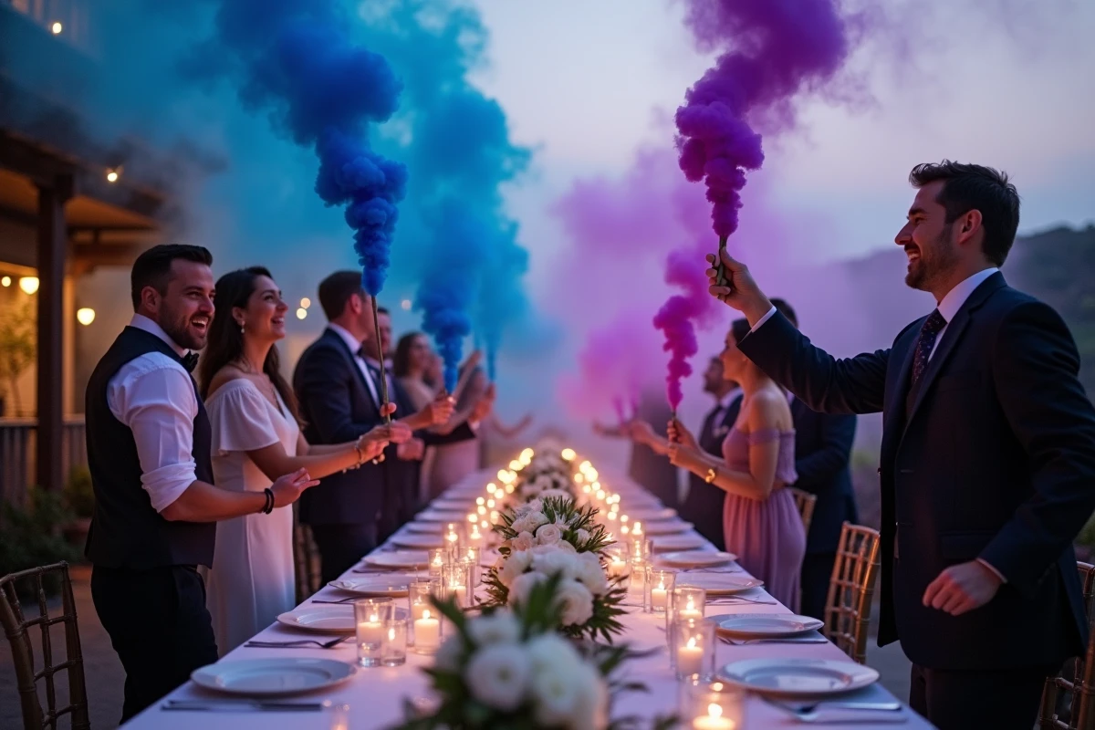 Réception de mariage en plein air au crépuscule avec fumigènes bleus et violets sur une terrasse de vignoble