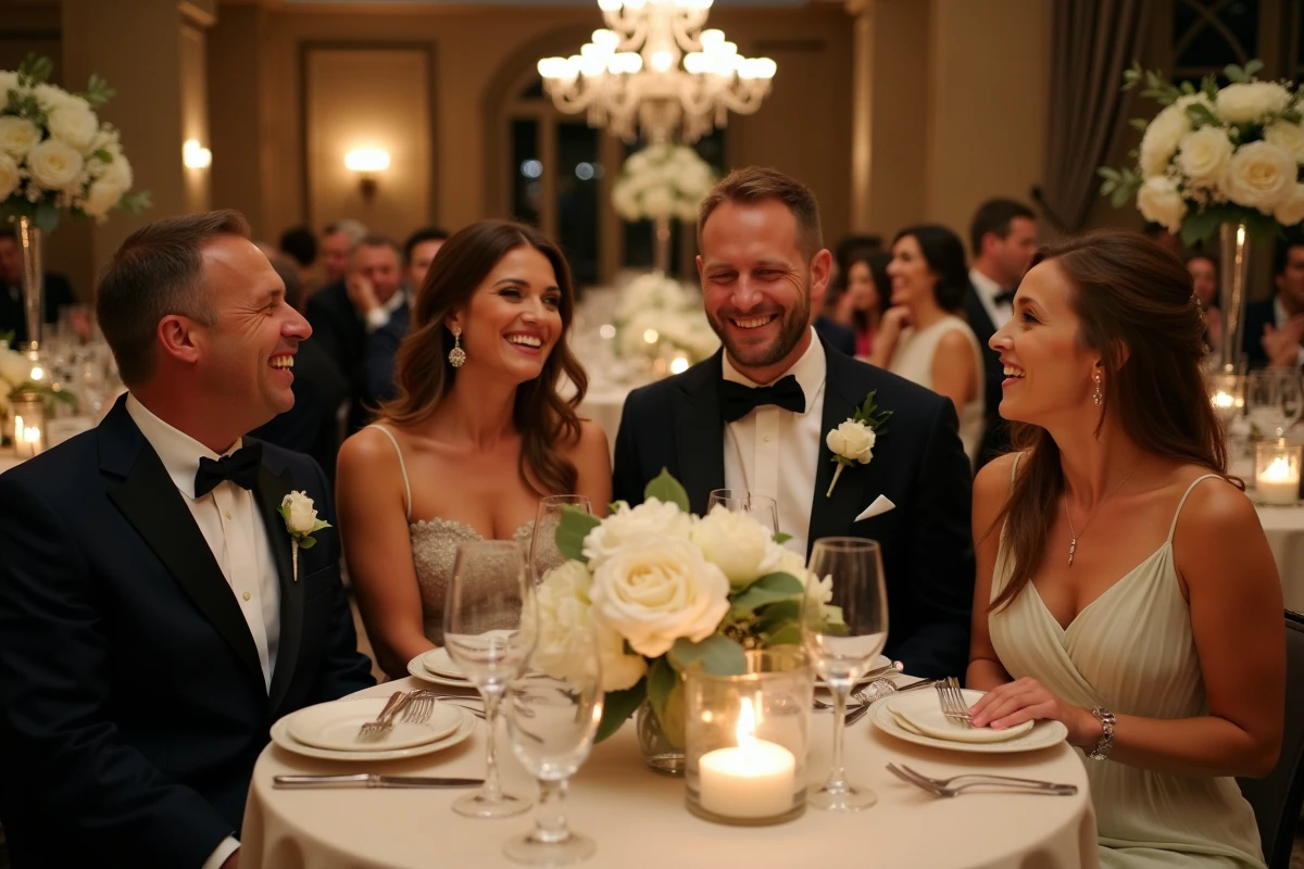 Invités en tenue formelle autour d'une table décorée lors d'une réception de mariage dans un restaurant parisien huppé