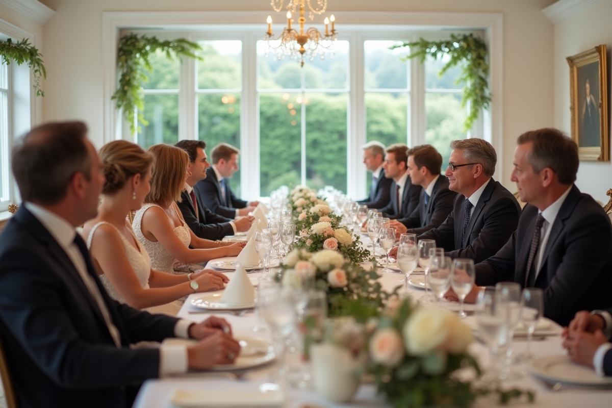 Groupe d'adultes élégants lors d'une réception de mariage