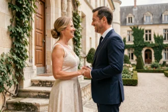 Couple renouvelant ses vœux après 25 ans de mariage devant un château français en tenue élégante