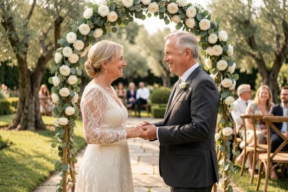 Couple de cinquante ans renouvelant leurs vœux de mariage dans un jardin fleuri avec arche de roses blanches lors d'une cérémonie intime