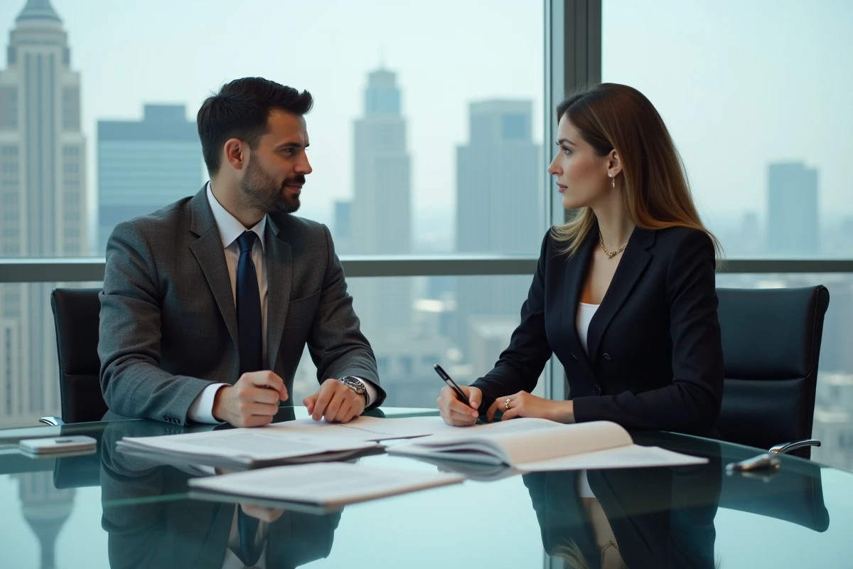 Deux professionnels en costume autour d'une table de réunion avec des contrats, illustrant les décisions commerciales et matrimoniales qui ont construit l'empire Kardashian