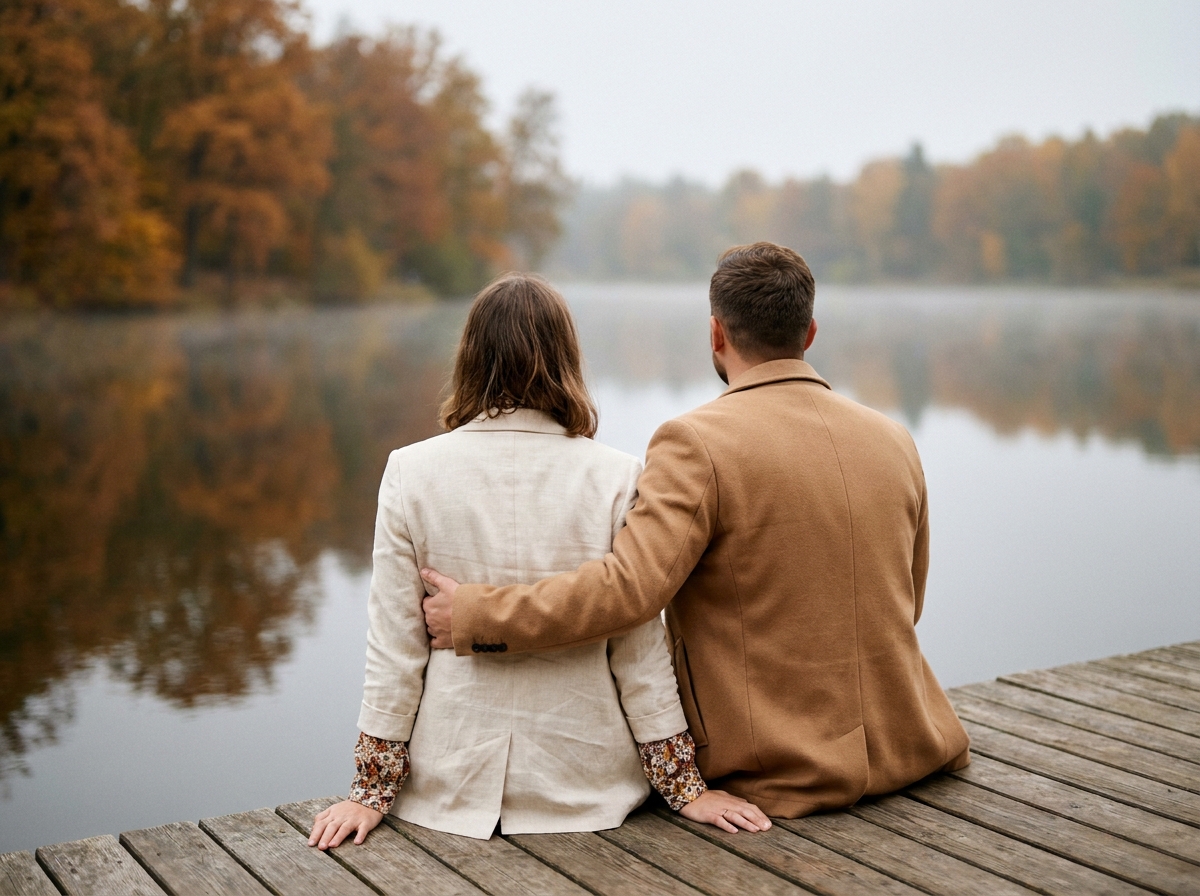 Couple assis sur un ponton en bois contemplant un lac brumeux lors de leur rituel annuel d'anniversaire de mariage