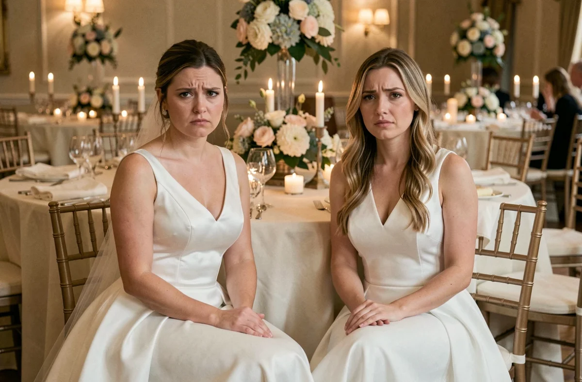 Deux femmes portant des robes blanches similaires lors d'une réception de mariage illustrant l'erreur de style à éviter le jour J
