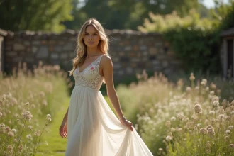 Femme portant une robe bohème de mariage civil en dentelle et mousseline à coupe A-line dans un jardin fleuri