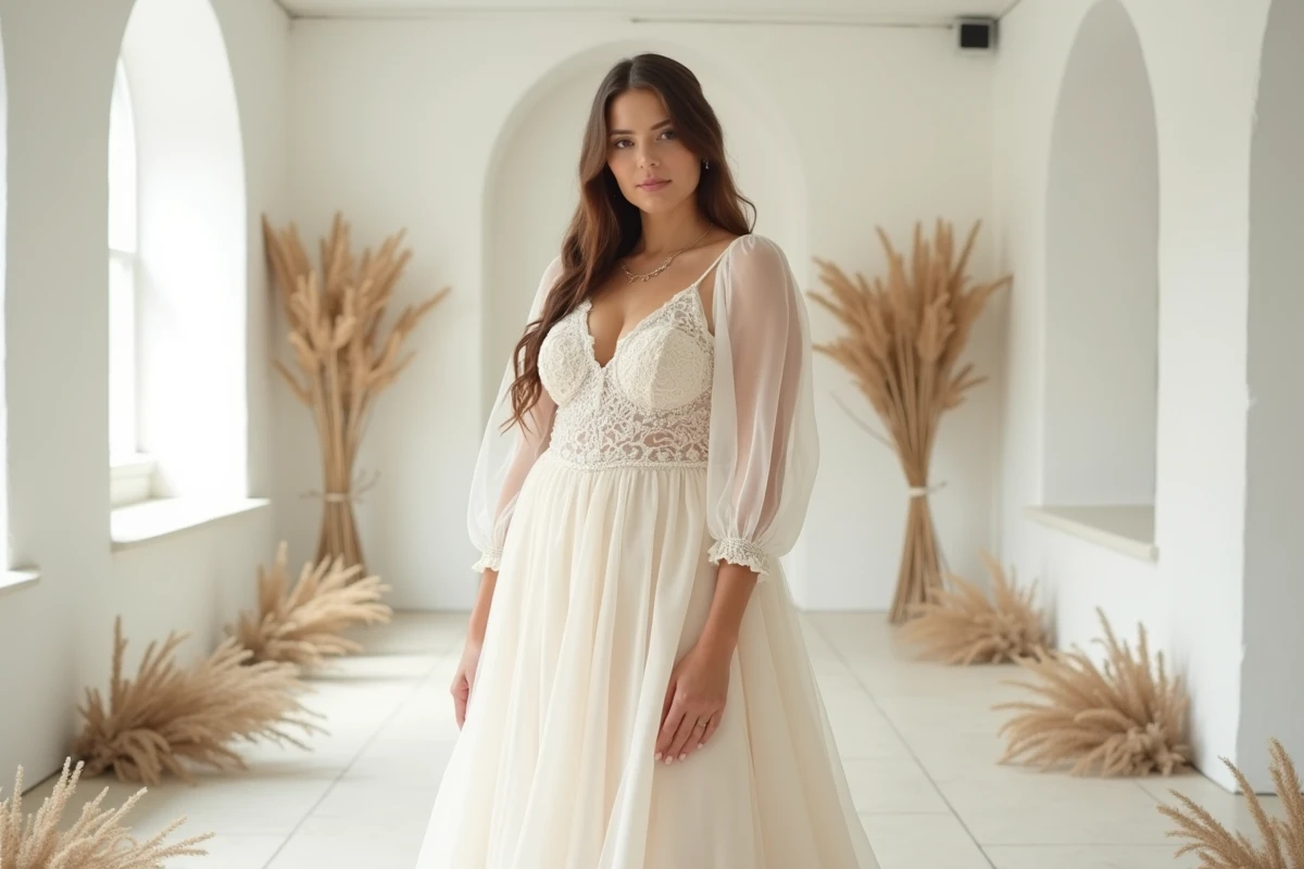 Femme ronde en robe bohème de mariage civil empire avec manches longues en organza et broderie crochet dans une salle de cérémonie