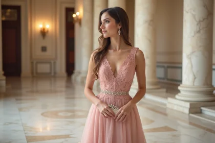 Femme en robe de cérémonie rose pâle élégante en intérieur