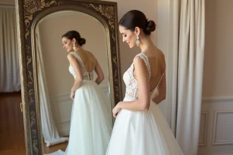 Mariée ajustant sa robe blanche en boutique élégante