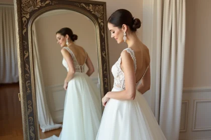 Mariée ajustant sa robe blanche en boutique élégante