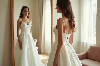 Mariée en robe ivoire satinée devant un miroir en boutique de mariage, examinant la coupe de sa robe le jour J
