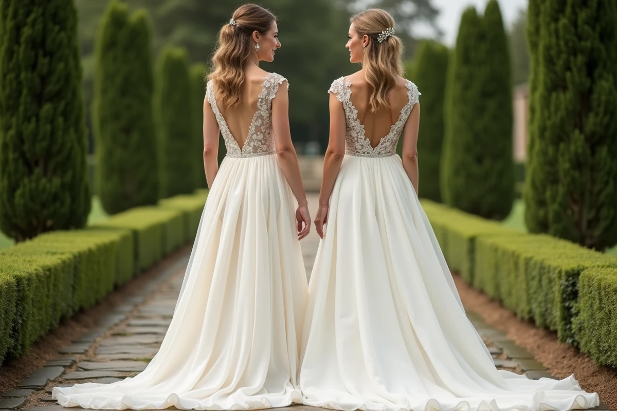 Comparaison entre une robe blanche et une robe ivoire portées côte à côte en extérieur, illustrant les erreurs de choix de couleur pour un mariage