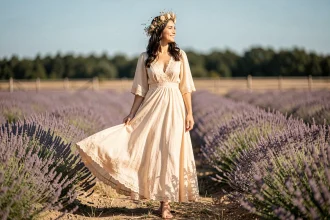Mariée en robe bohème champagne et blush dans un champ de lavande, couronne de fleurs sauvages séchées dans les cheveux