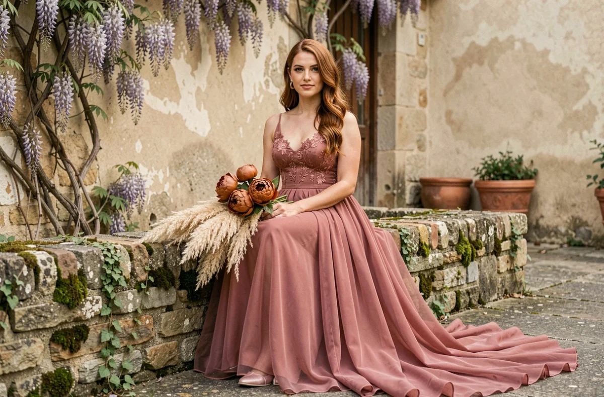 Mariée en robe bohème rose poudré brodée assise sur un muret de pierre dans une cour de mas provençal