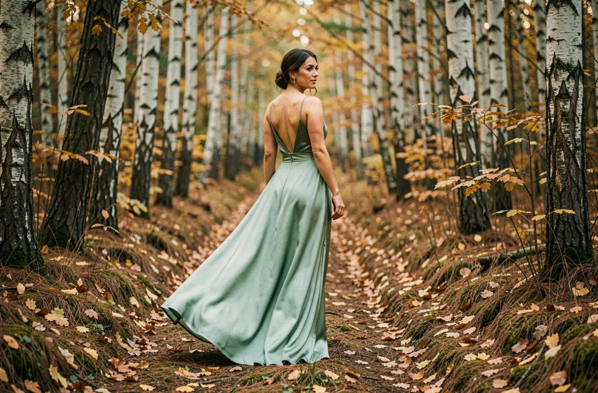 Mariée de dos en robe bohème vert sauge marchant dans un chemin forestier automnal, regard jeté par-dessus l'épaule