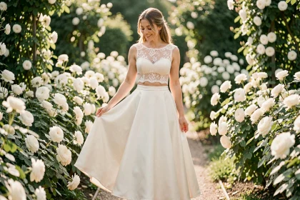 Robe de mariée deux pièces en dentelle et jupe satin ivoire dans un jardin fleuri