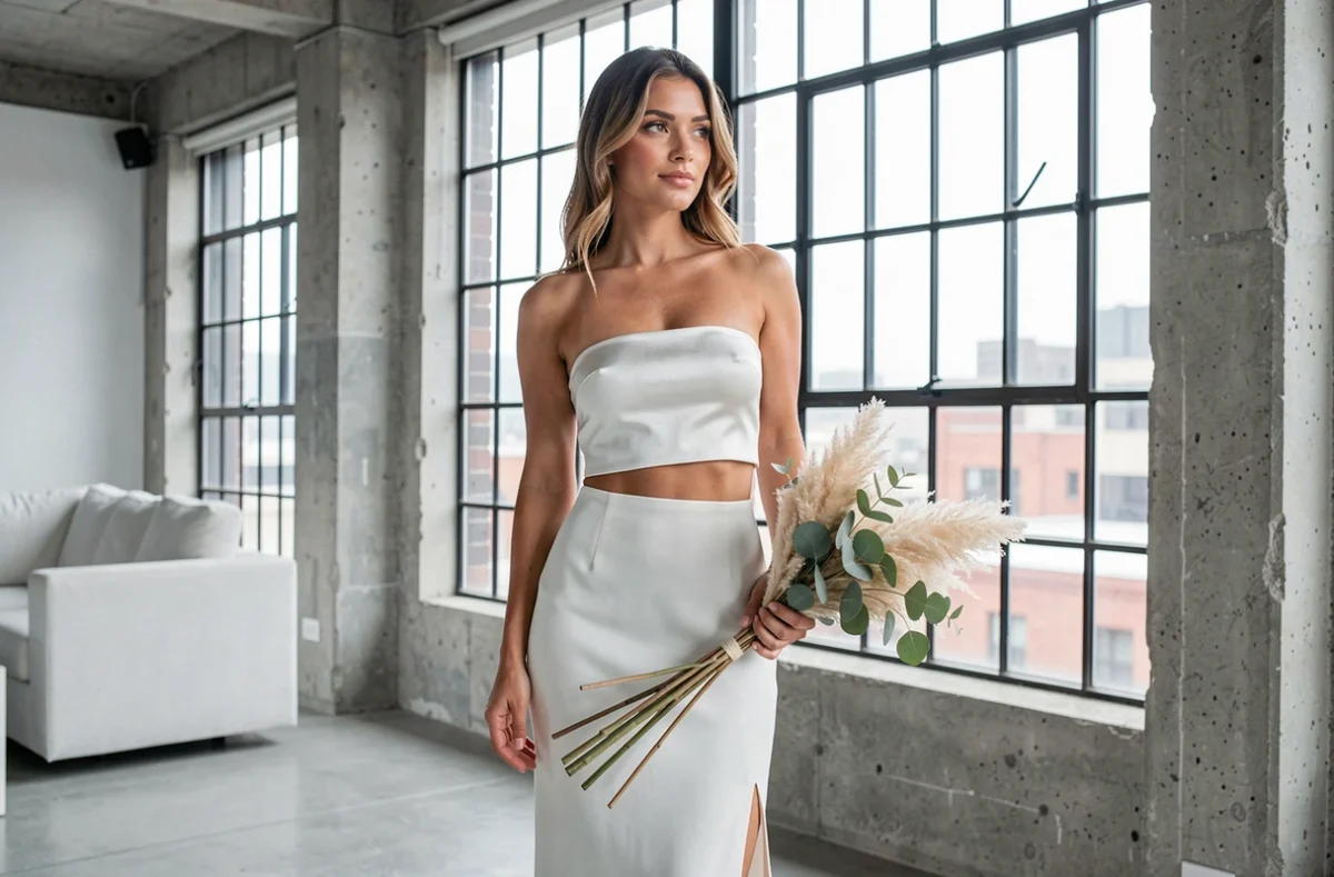 Robe de mariée deux pièces minimaliste en satin dans un loft urbain contemporain