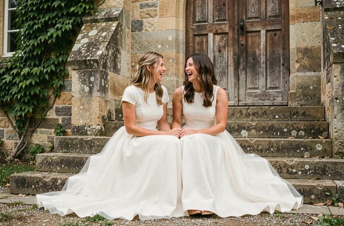 Mariée en robe deux pièces tulle blanc antique avec demoiselle d'honneur devant une église de campagne