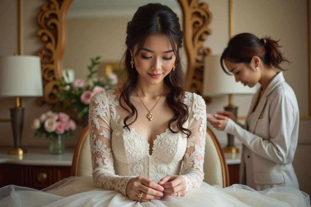 Mariée en robe de mariée ivoire en dentelle assise à une coiffeuse, avec un mauvais choix de bijoux dorés contrastant avec la robe