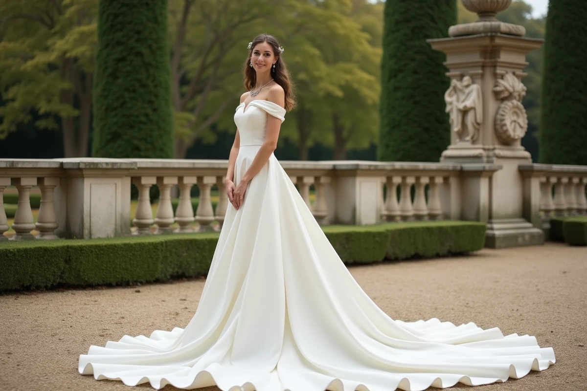 Mariée en robe de mariée luxe en mikado ivoire avec traîne cathédrale dans un jardin de château français
