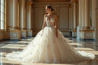 Robe de mariée princesse bouffante à paillettes dans un château français avec jupe en tulle volumineuse et broderies scintillantes