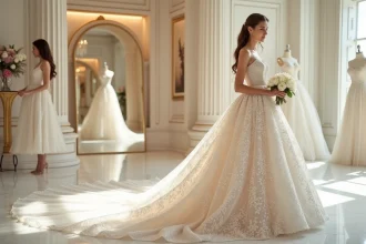 Robe de mariée princesse à paillettes irisées dans une boutique de mariage haut de gamme, vue en pied sur fond de miroirs dorés
