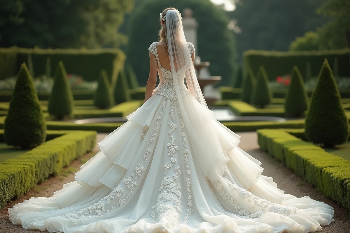 Vue de dos d'une robe de mariée princesse bouffante à paillettes et voile cathédrale dans un jardin à la française