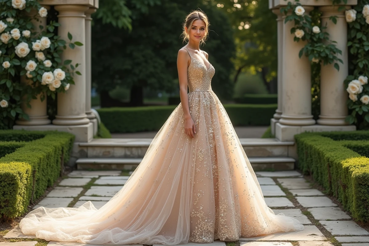 Robe de mariée princesse à paillettes dorées portée dans un jardin de château français, vue en trois quarts avec architecture en pierre