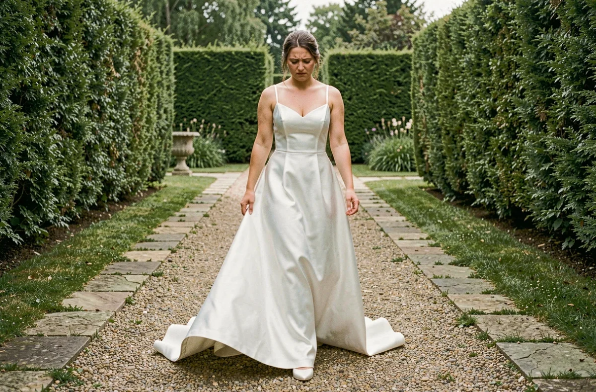 Mariée en robe blanche à traîne marchant sur un chemin de jardin extérieur avec une hem trop longue touchant le sol
