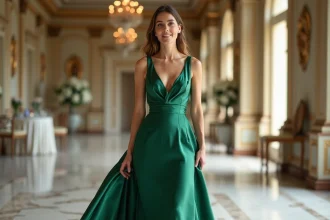 Femme en robe longue verte émeraude en satin dans un château pour un mariage chic
