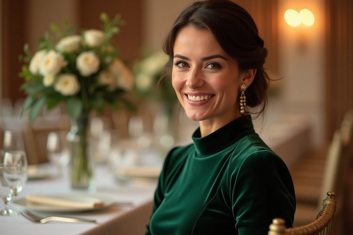 Femme en robe cocktail vert forêt en velours pour un mariage chic en intérieur