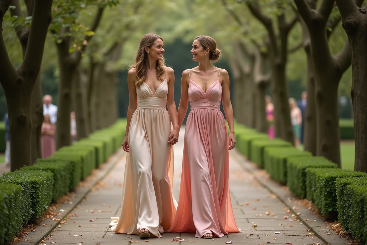 Deux femmes en longues robes de soirée satin champagne et rose marchant dans un jardin lors d'un mariage