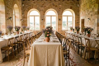 Salle de mariage en Occitanie décorée avec des tables en lin ivoire, des murs en pierre apparente et des bouquets de lavande séchée dans un mas provençal
