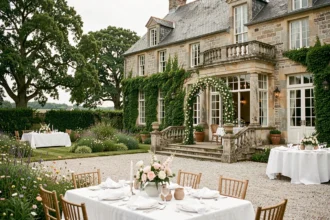 Vue panoramique d'une salle de mariage bretonne dans le Morbihan avec manoir en pierre, jardin fleuri et terrasse décorée