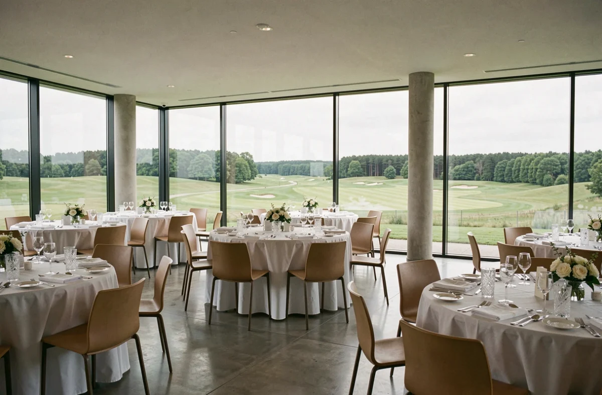 Les Salons du Golf dans le Morbihan, salle de réception moderne avec vue panoramique sur le parcours de golf et tables de mariage dressées