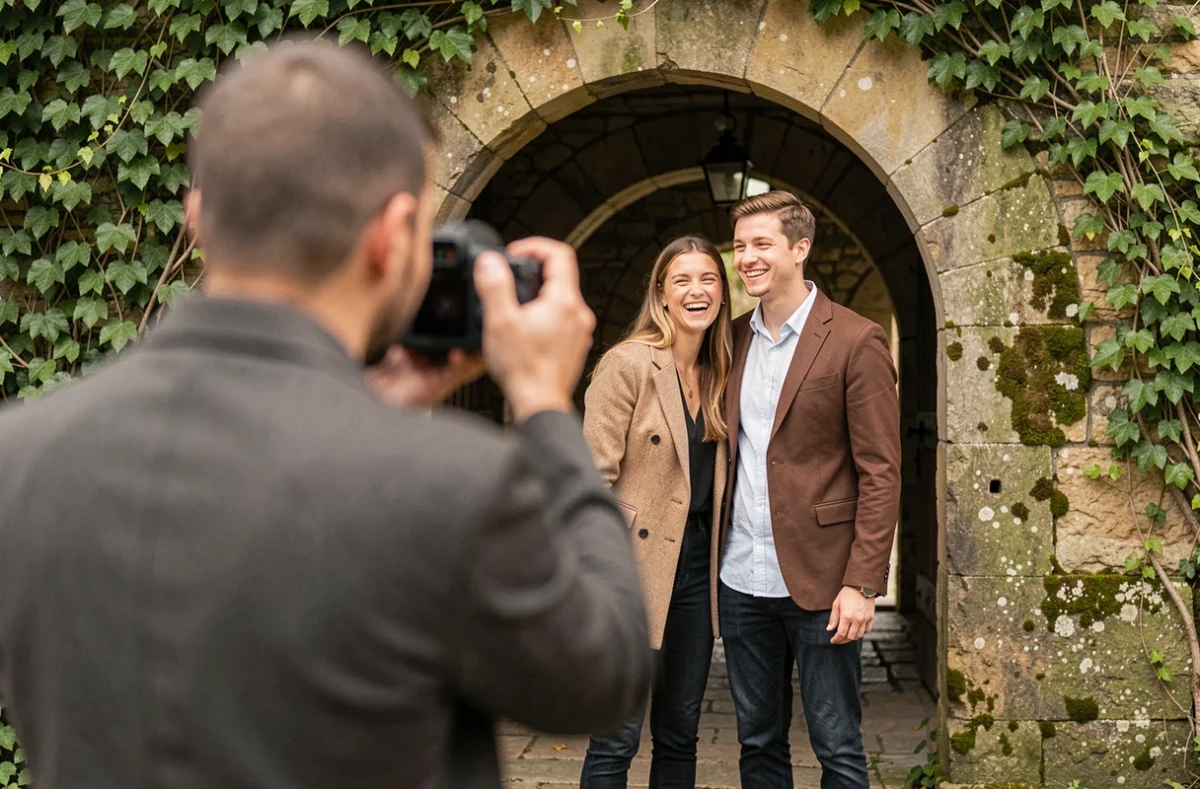 Séance photo en extérieur à Saumur avec un couple devant une arche en pierre historique et un photographe en train de les photographier