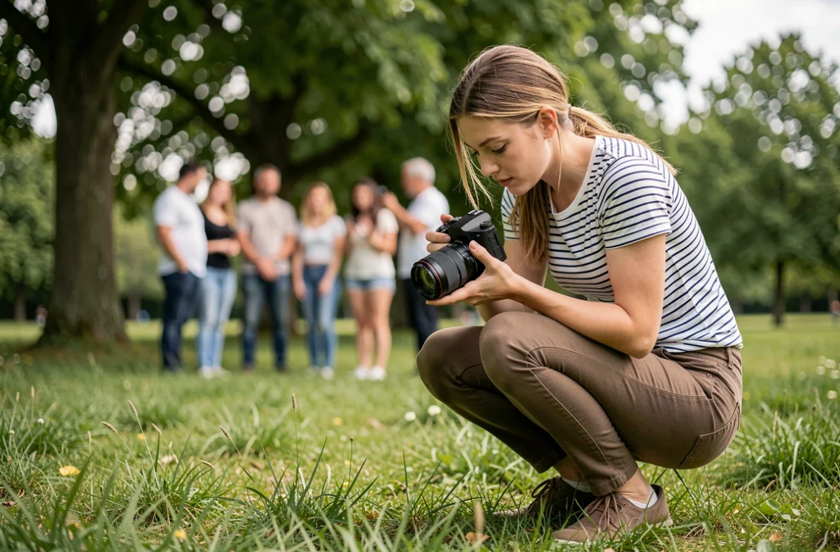 Photographe en action lors d'une séance photo en famille dans un parc verdoyant proche de La Verpillière