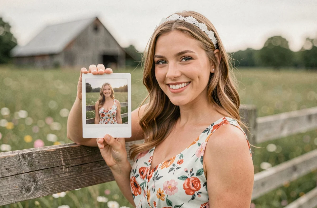Jeune femme en tenue de mariée décontractée tenant une carte souvenir EVJF imprimée lors d'un jeu en plein air à la campagne