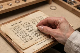 Main féminine posée sur un tableau de correspondance des tailles de bagues américaines et françaises dans un atelier de bijouterie