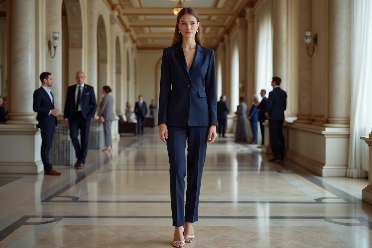 Invitée de mariage en tailleur pantalon bleu marine à revers satin dans une salle de réception haussmannienne au style raffiné