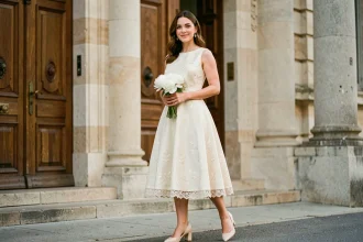 Femme en robe midi crème élégante devant l'entrée d'une mairie française pour un mariage civil