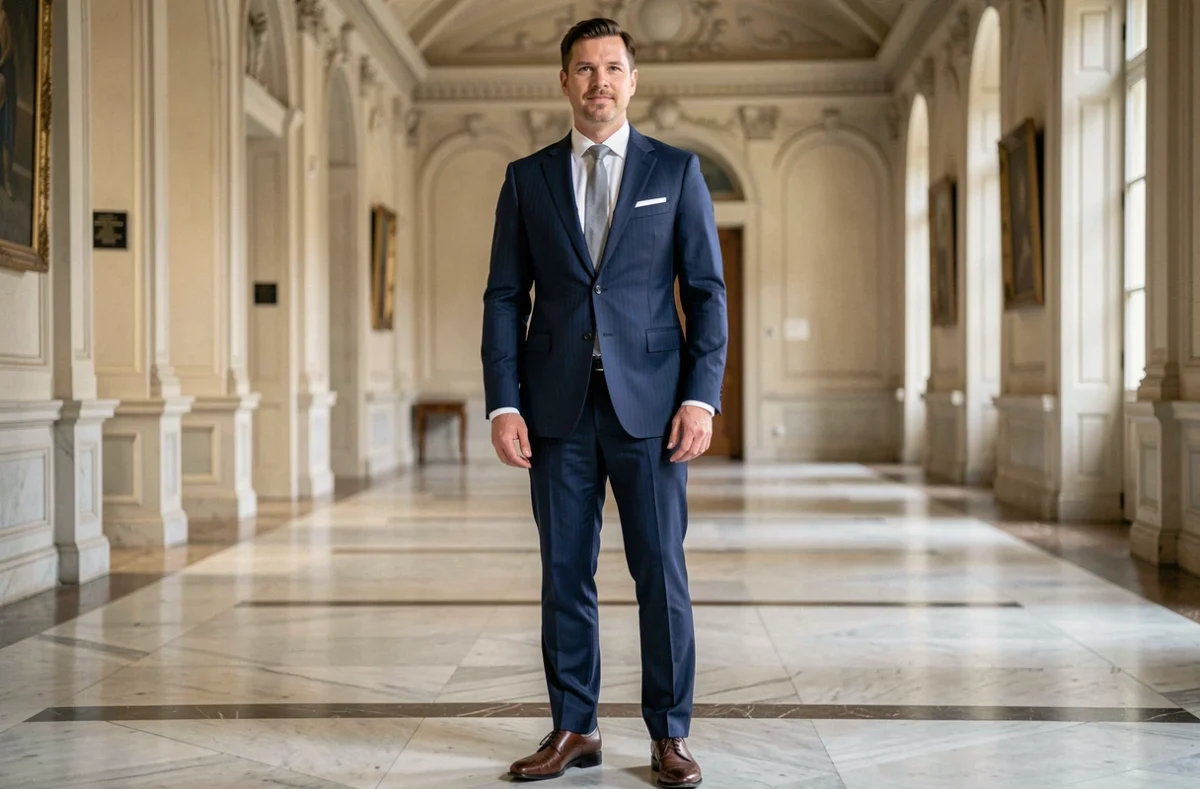 Homme en costume bleu marine élégant à l'intérieur d'une salle de mariage civil en mairie