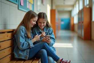 Deux adolescentes qui rient en regardant un test de compatibilité par prénom sur un smartphone dans un couloir scolaire