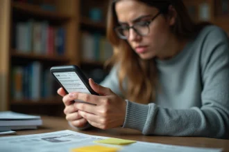 Personne vérifiant des informations sur un smartphone entourée de coupures de presse, illustrant la propagation de fausses nouvelles sur les réseaux sociaux