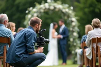 Vidéaste de mariage professionnel filmant les mariés lors d'une cérémonie en plein air avec une caméra stabilisée