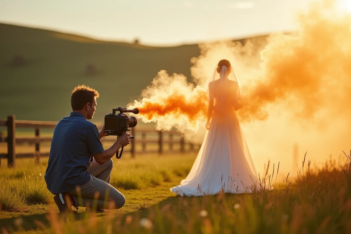 Vidéaste de mariage filmant une mariée traversant un nuage de fumigène doré dans une prairie ensoleillée