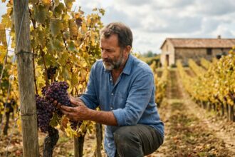 Vigneron inspectant des grappes de raisin mûres dans les vignes du Domaine Bois Roger en saison de vendanges
